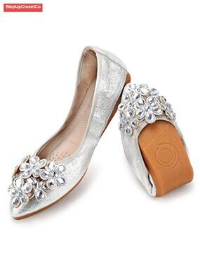 Women's Ballet Flats with Rhinestones, Foldable Slip On Comfort Party Shoes